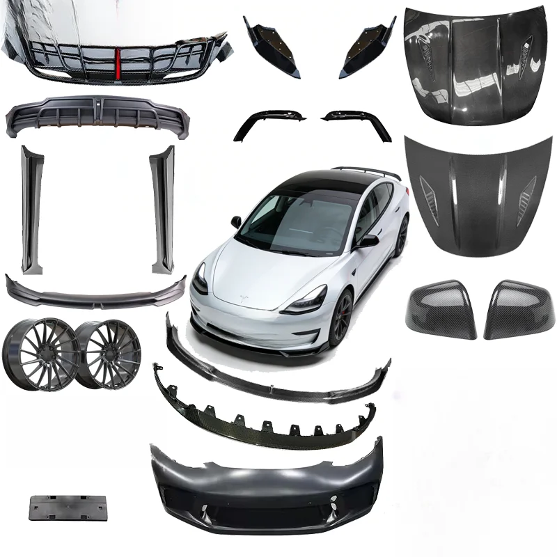 High Quality RAPOW Model 3 Carbon Fiber Bumper Hood Paddle Headlight Taillight Wheel Bolt-On Complete Exterior