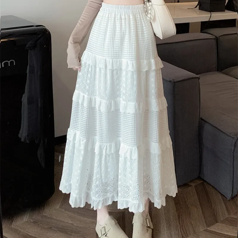 

Women's White Skirt Summer Lace Patchwork Hook Flower Hollowed Fashionable Elegant Skirts Versatile Ladies Sweet Fairy Skirt