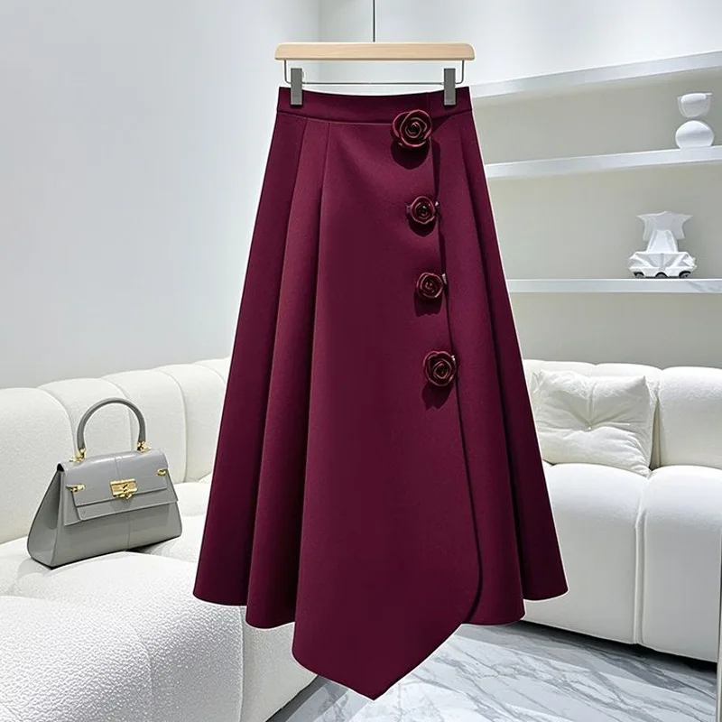 French Ankela Red Irregular Women's Half length Skirt 2024 Autumn/Winter High Waist Rose Design Sense A-line Skirt