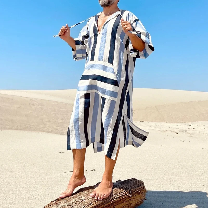 

Men's Casual V-Neck Striped Rolled Half Sleeved Loose Fitting Pajamas Paired with Jumpsuit Short Sleeved Pajama Robes