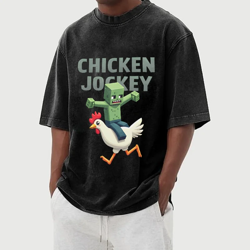 

Graphic T Shirt Zombie Riding Chicken Jockey Print Vintage Washed Oversized Short-Sleeved Tees Men Women Y2K Clothes Summer Tops