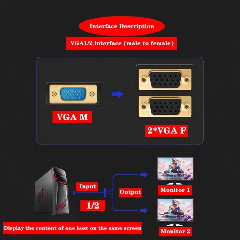 VGA One Split Two Wire VGA 15Pin Male To 2 * VGA 15Pin Female Twin Gilded Plug Connection Cable