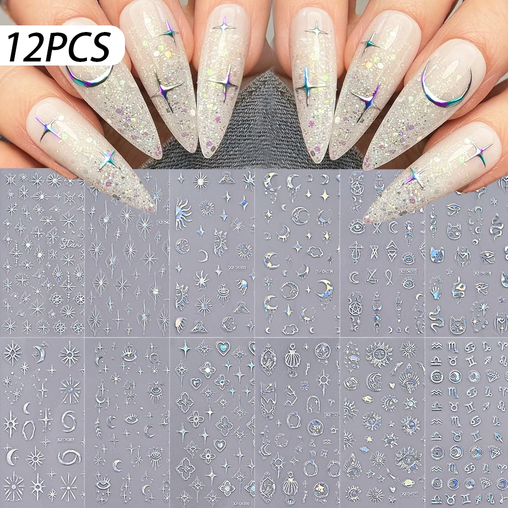 12 pièces géométrique fantaisie thème ongles décalcomanies mystique Nail Art autocollants décalcomanies lune étoiles oeil serpent formes irrégulières manucure décor