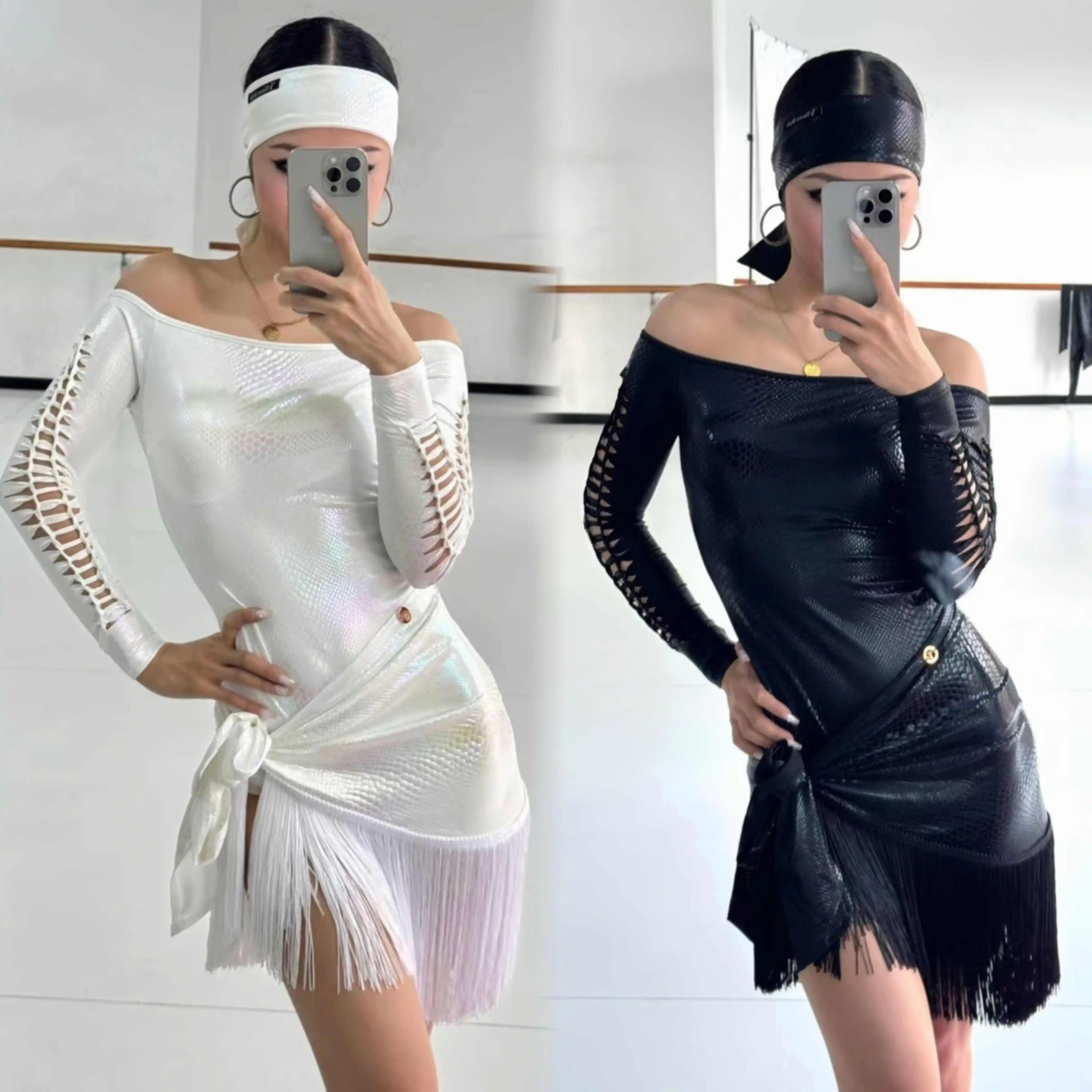 

Snake Print Leather Latin Dance Clothes Women Long Sleeves Leotards Fringe Skirt Adult Samba Latin Competition Dress DNV23224