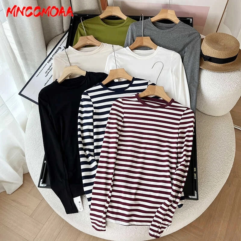 Women T-Shirt 2024 New Autumn Female Casual Slim Long Sleeves Stripes Cotton Tees Tops