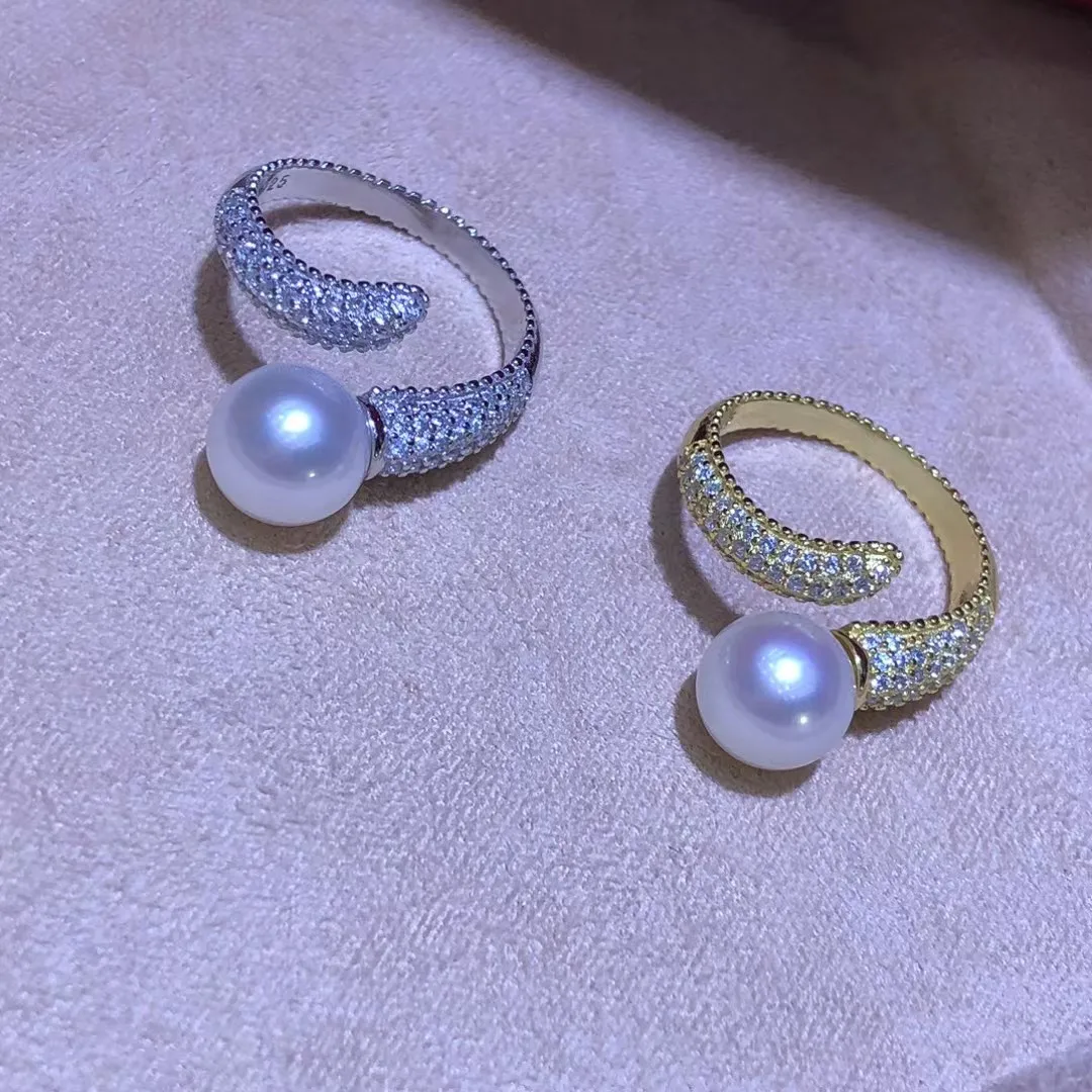 

S925 Sterling Silver Adjustable Ring Mount Settings Findings Mountings Accessory Parts Fittings for 8-9mm Pearls 5pcs/lot