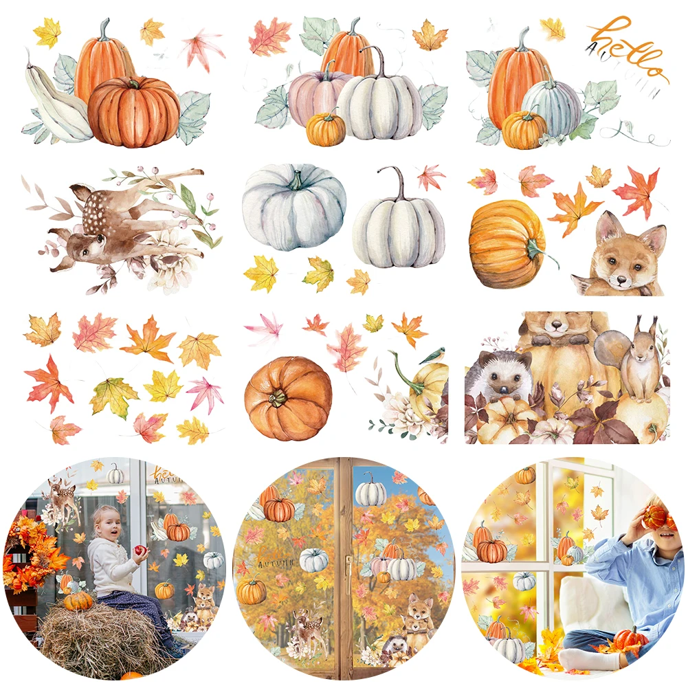 Autocollant de fenêtre double face pour Thanksgiving, autocollant de fenêtre d'automne, décoration d'intérieur, vitrine de magasin, décoration d'affichage en verre, béni, 9 pièces