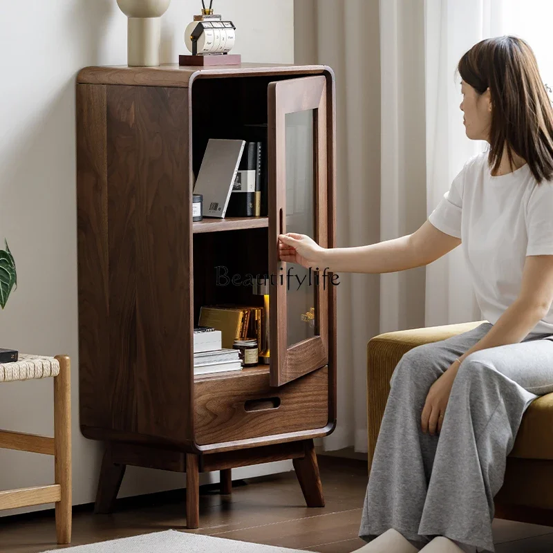 yj21 北米産ブラックウォールナットテレビサイドキャビネットリビングルームガラスドア壁にダイニングルーム収納キャビネット