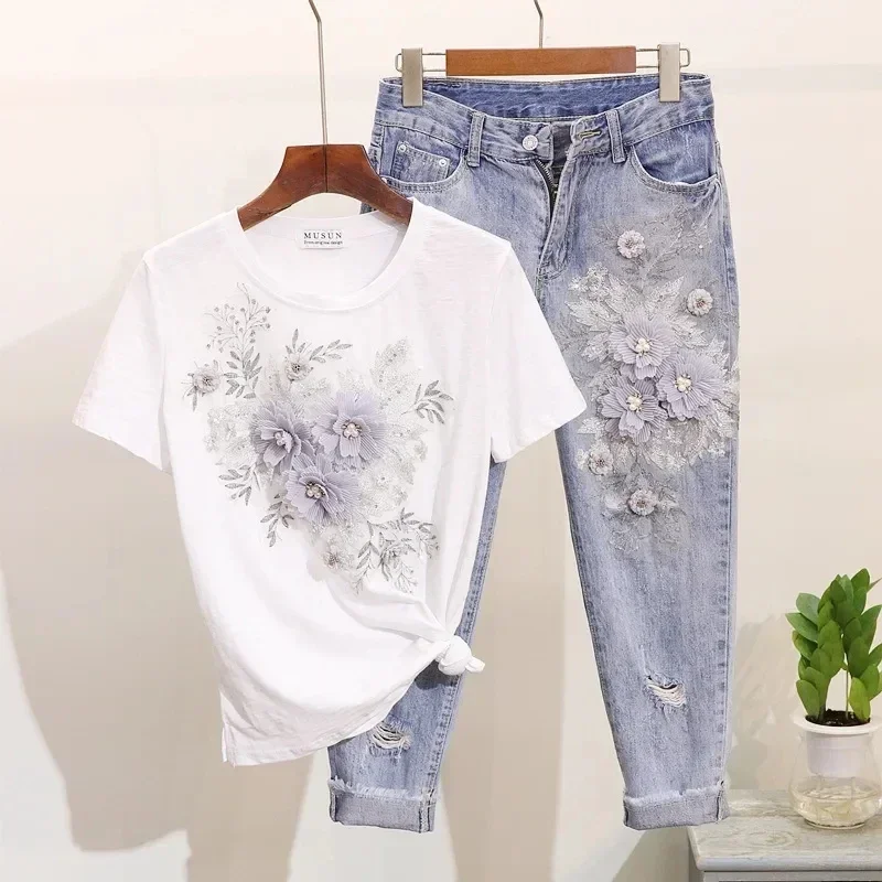 

Pop Pop Two-Piece Suit 2025 Summer New Women Denim Pants Beading Embroidery Tshirt Tops+ High Waist Hole Jeans Female Casual Out