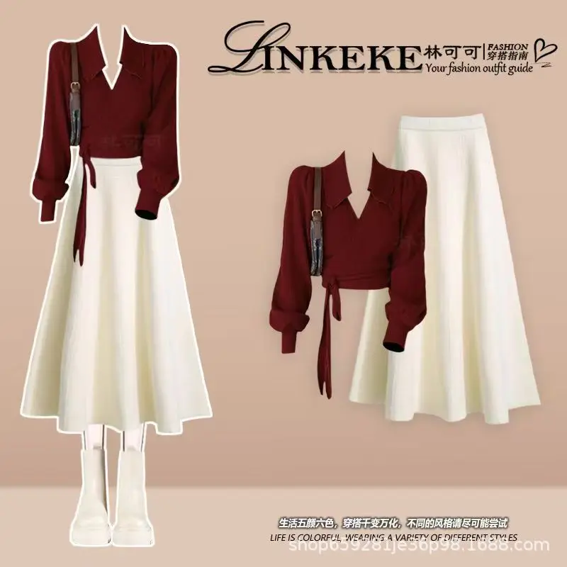 

Весенне-осенний новый модный стильный дизайн, трикотажная рубашка, топ + полуюбка с высокой талией, комплект из двух предметов