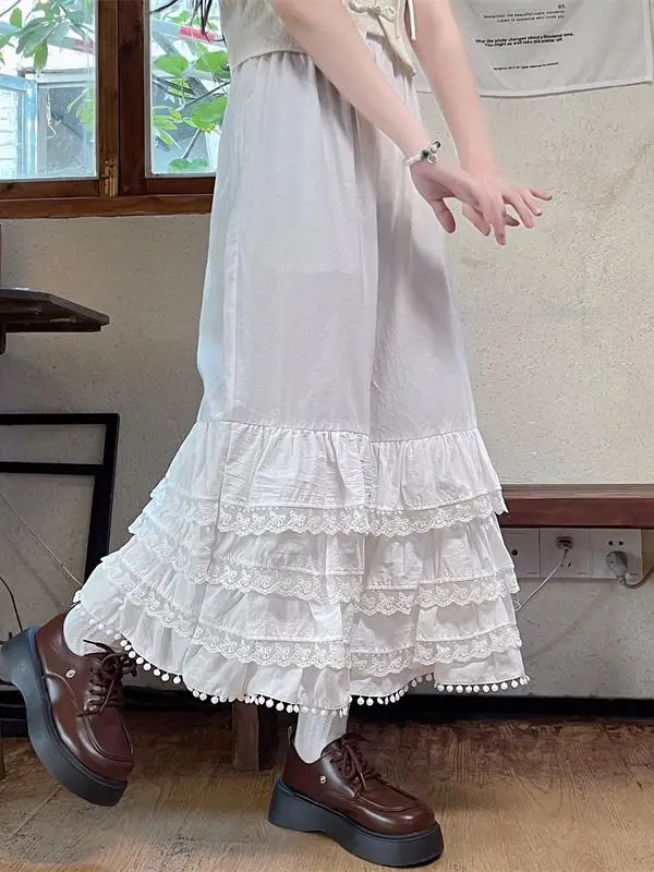 Reine Baumwolle Breite Bein Hosen frauen Layered Spitze Trim Innen Tragen Hosen Herbst Winter Hanfu Basis Schicht Elastische Taille Lange hosen