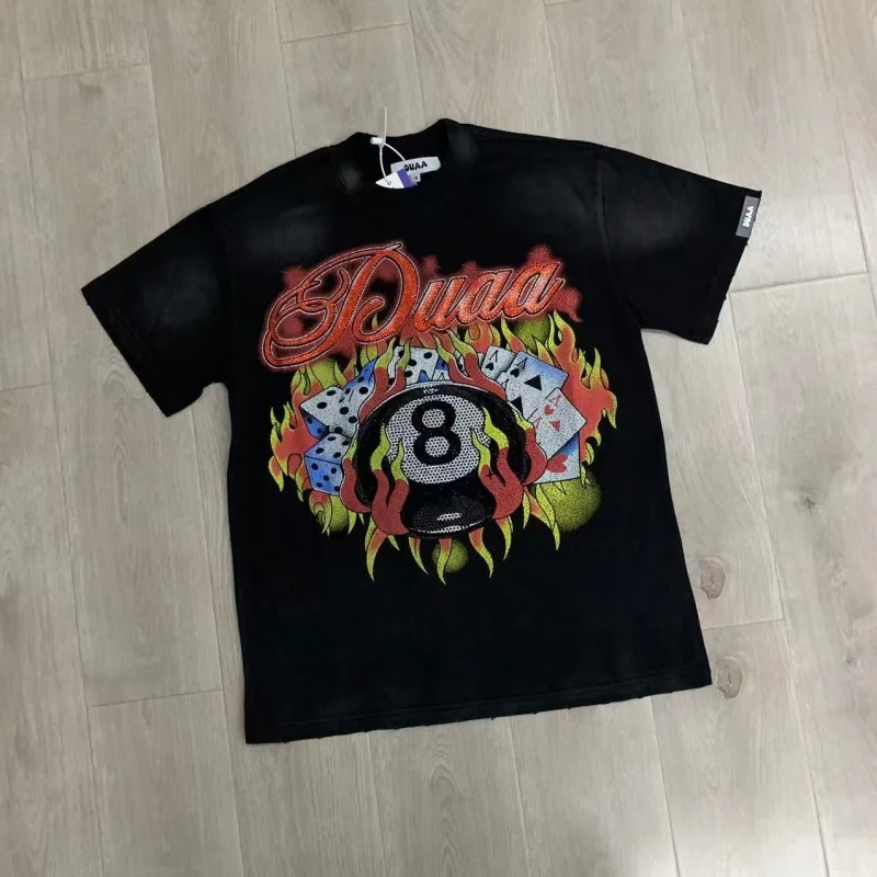 DUAA Poker Billiards Retro Crew Neck Hip-Hop Distressed Streetwear Cotton Fashion T-Shirt Tops