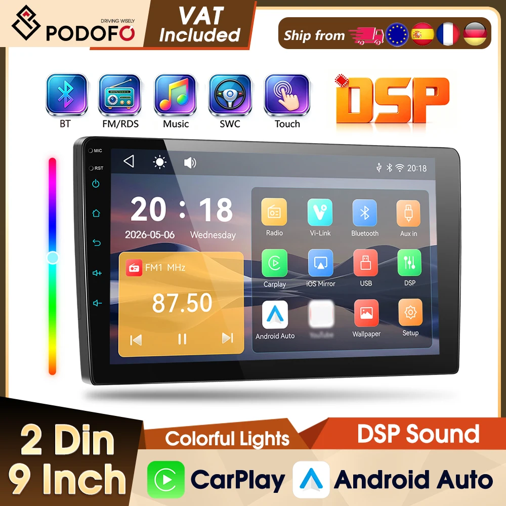 Podofo 2Din Kabelloses CarPlay Autoradio 9" MP5 Auto-Multimedia-Player Bluetooth FM RDS Android Auto IPS-Bildschirm Intelligente Autosysteme