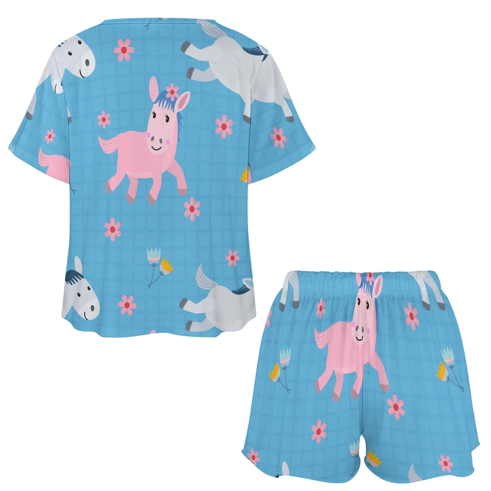 Donkey Pattern Women's 2-Piece Button Down Short Sleeve Button Front Sleepwear Loungewear PJ Set Summer Home Suit image 4