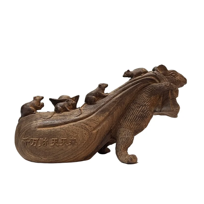 Hand-Carved Wood Zodiac Rat Statue - 3.9