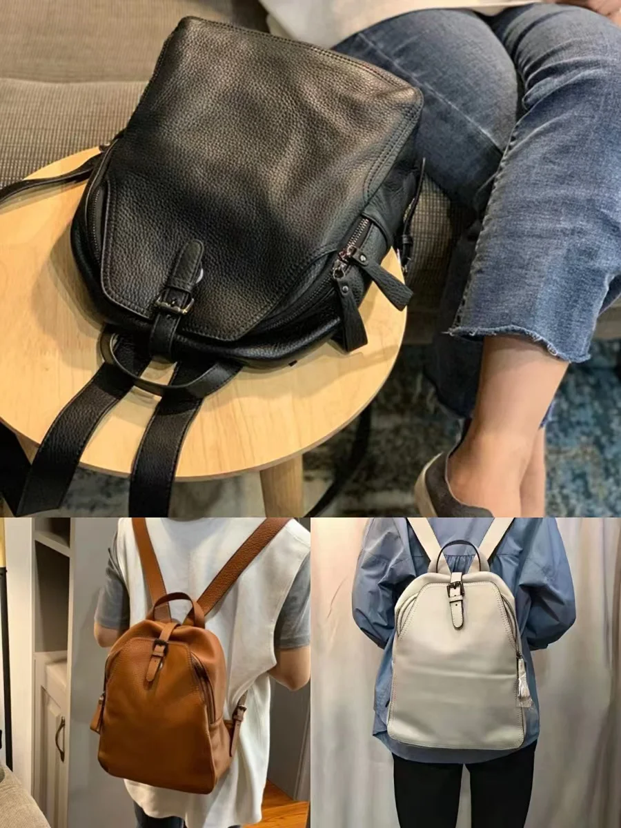 Leather Backpack Fashion Personality Women\'s Backpack New Trend First Layer Cowhide Korean Style Casual Soft Leather Backpack