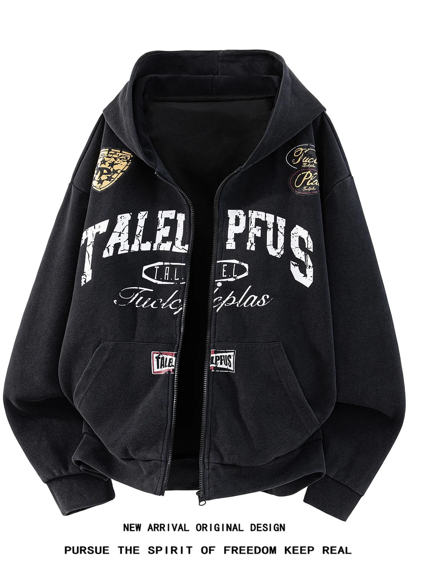 Retro American Washed Print Hooded Open Cardigan Sweatshirt Unisex Vintage Badge Zipper Jacket Loose Trendy Top Sweatshirt