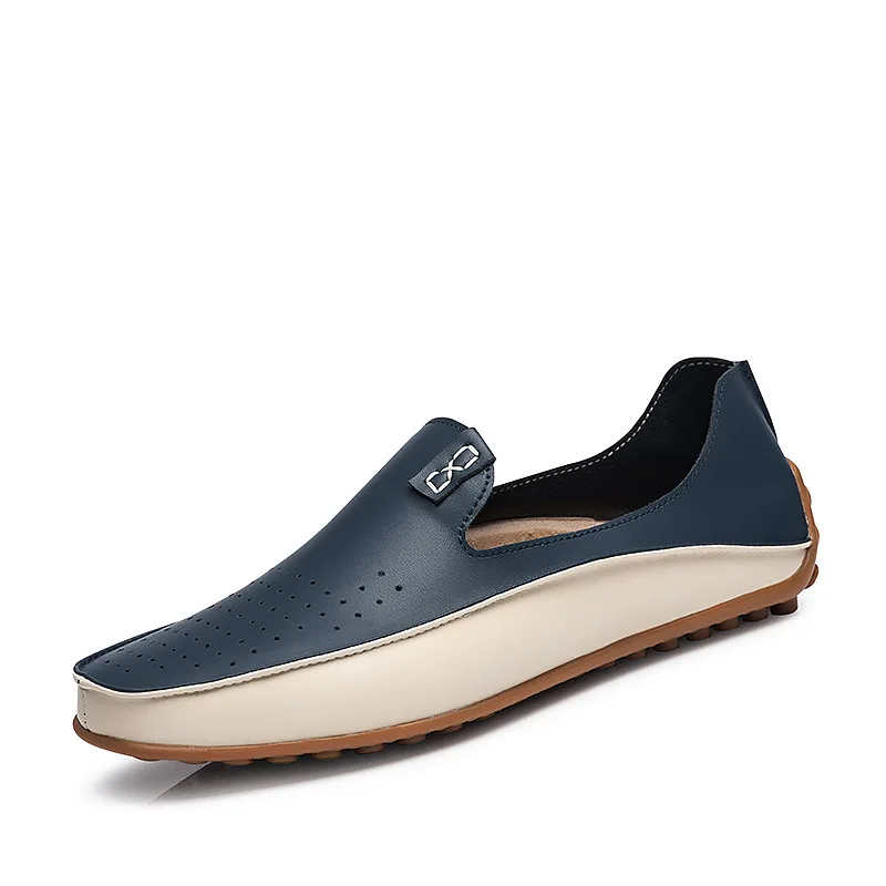 Leather Casual Shoes Men's Lazy Driving Flat Heels Beige/blue Loafers Breathable Hollow Out Men Shoes Fashion Plus Size 36-47