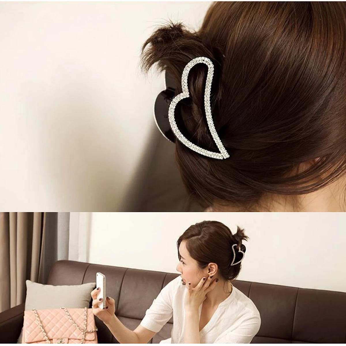 

Heart Shape Claw Women Hair Clips Diamond Decor Non-Slip Hair Clamp For Daily Wear Shower Engagement Black