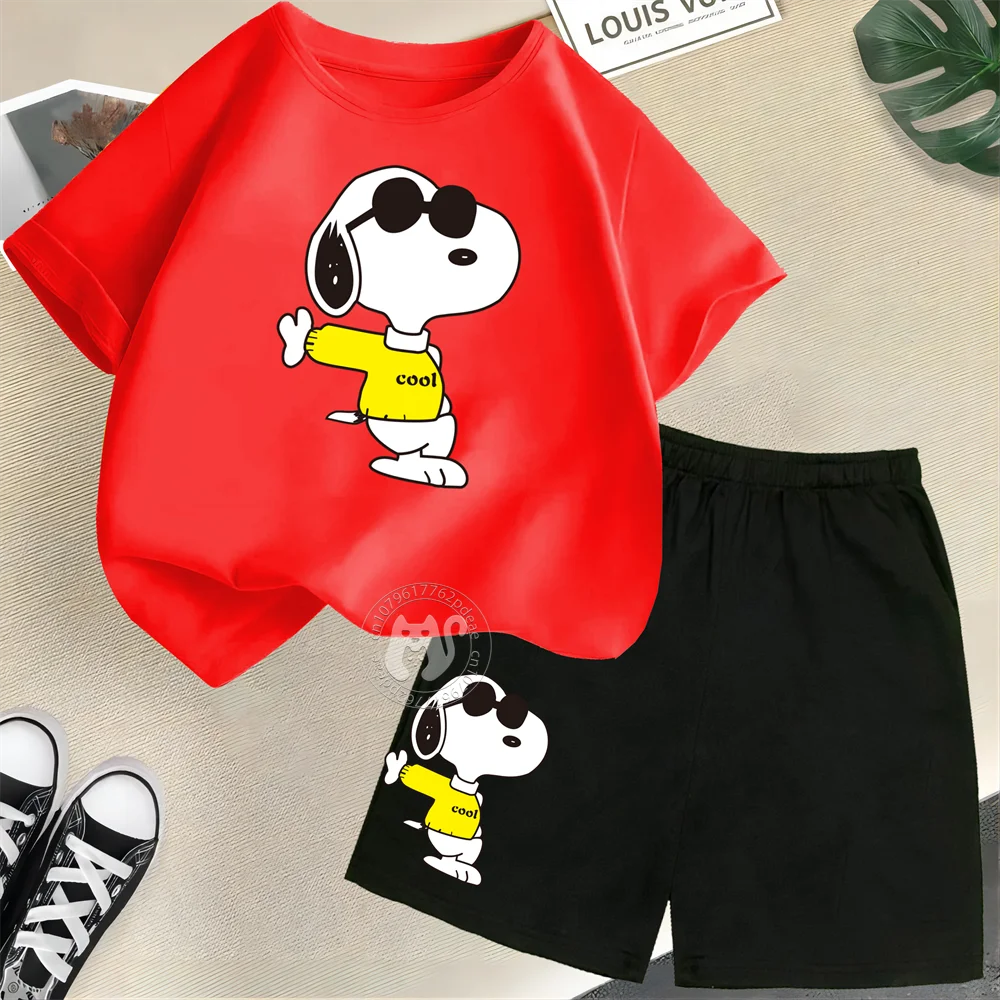 Children\'s Summer 100% Cotton T-shirt Cute Snoopy Print Youth Round Neck Short Sleeve+Shorts Boys and Girls Fashion Set