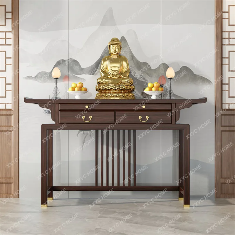 New Chinese Style Solid Wood Offering Table, Modern Simple Offering Table, Black Gold Buddha Niche and Deity Platform