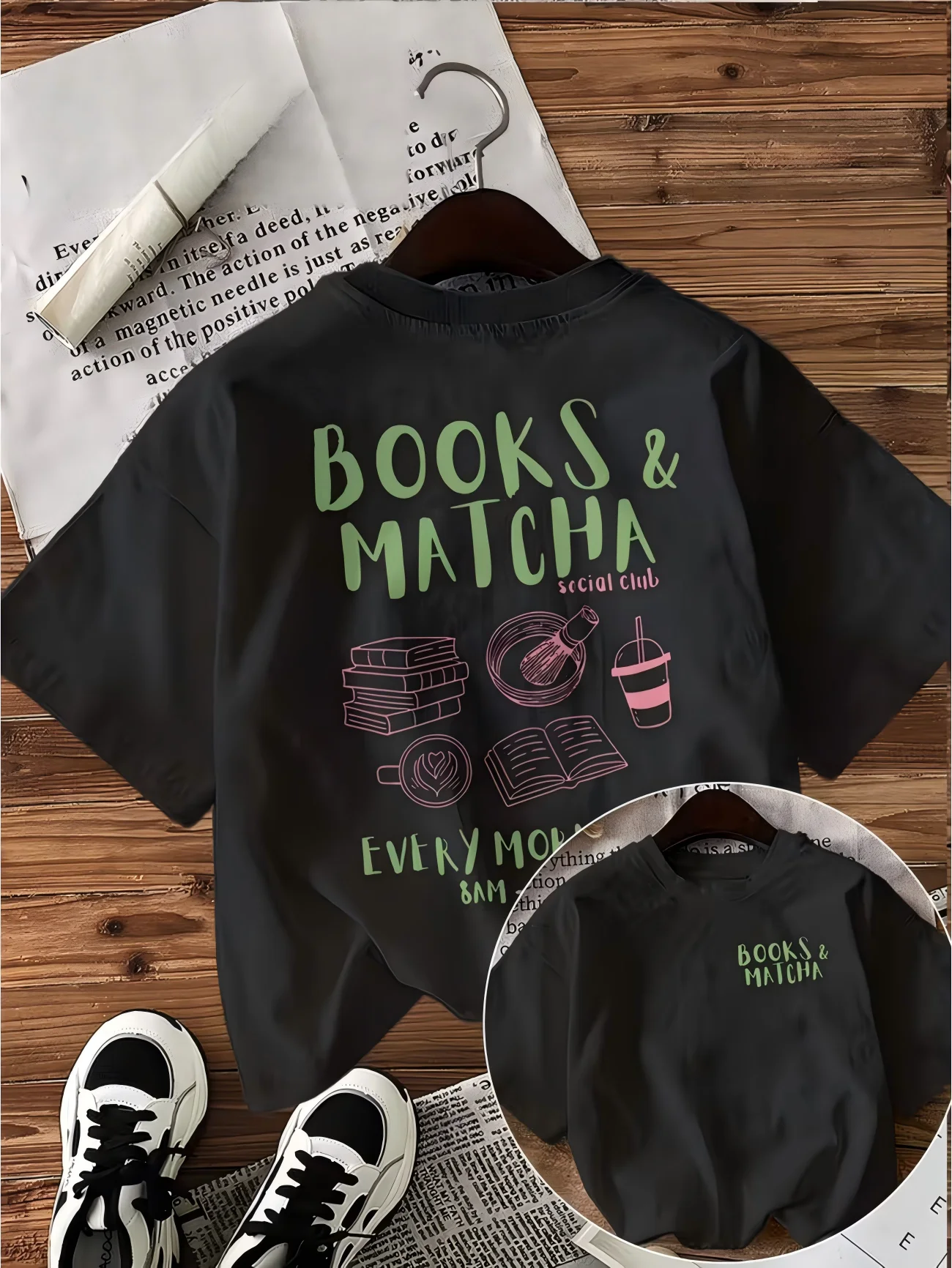 Vintage Matcha Tea And Books T-Shirt Every Morning 8AM Graphic Tee Summer Short Sleeve Cute Art Print Casual Fashion Unisex Tops