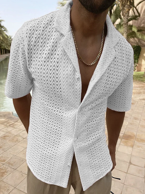 European-Sle Lace Openwork Men's ort Sve irt Loose Fit Splice Decorative Stitching Iron-Free Summer Thin Fabric