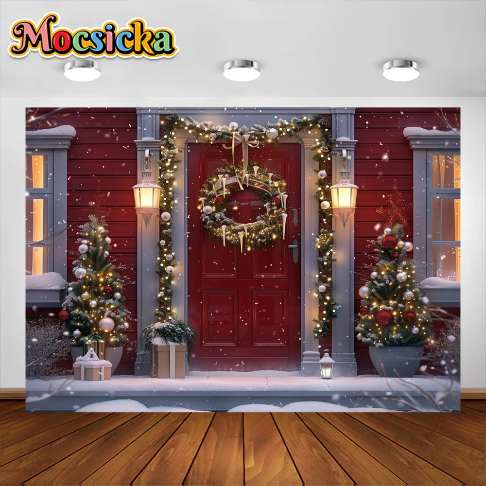 Fondo de fotografía de tienda de Navidad, corona de ventana, purpurina, árboles de Navidad, decoración de retrato familiar para niños, accesorios de estudio fotográfico