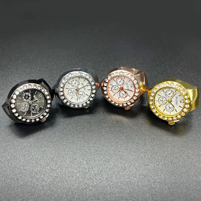 Creative Clock Shape Watches Rings Movement Quartz Rhinestone Decor Watch Finger Ring Punk Mini Elastic Strap Ring Jewelry Gift