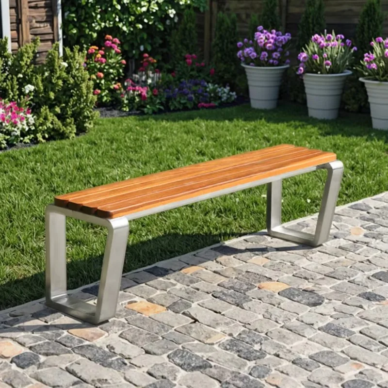 كرسي خشبي خارجي حديث من الفولاذ المقاوم للصدأ ومقعد حديقة للحدائق العامة والباحات والسوبر ماركت والمدارس والمستشفيات