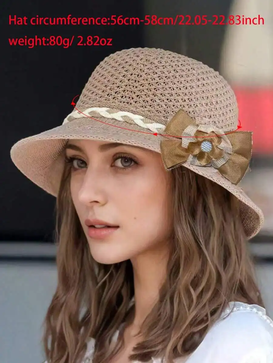 

Womens Knitted Wide Brim Straw Sun Hat With Floral Bow Decor