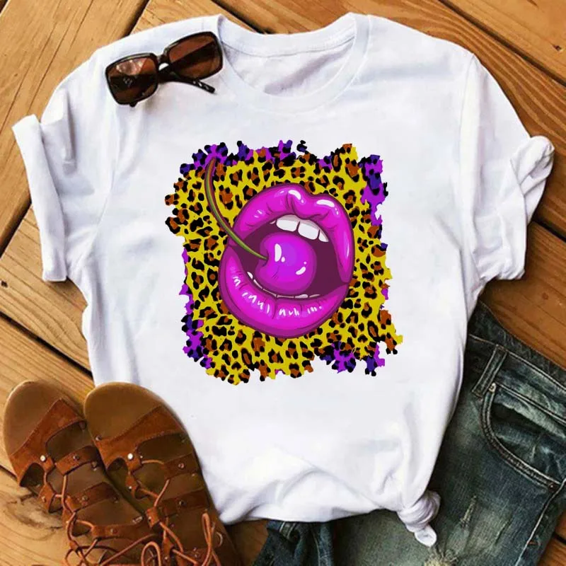 New Women Pink Lips Leopard Graphic T Shirt Casual Fahion O-neck Sexy Black Tees Kiss Lip Funny Girls Tshirt,Drop Shipping