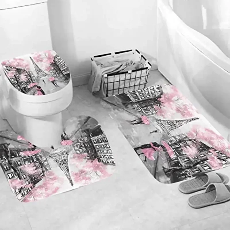 Paris Eiffel Tower Pink Bathroom Rugs And Mat Set With Non-Slip Rugs Bath U-Shaped Mat Toilet Lid Cover Valentine Bathtub Dec #