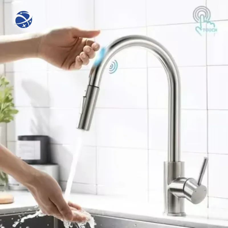 

J24W Brushed Nickel Automatic Smart Touch Sensor Pull Out Water Mixer Tap Kitchen Sink Faucet With Pull Down Sprayer