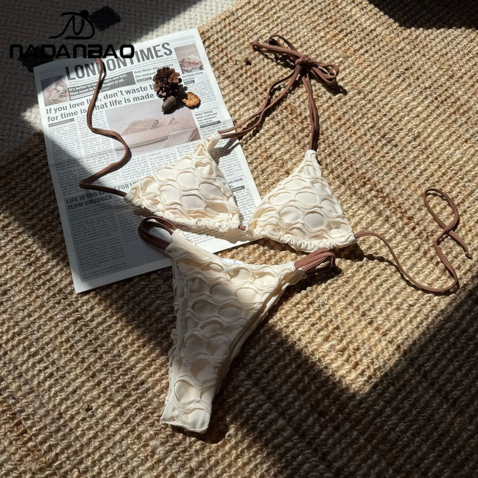 

Nadanbao Sexy Backless Mesh Stitching Bikini Set for Women Drawstring Strap Split Swimsuit Lady Apricot Black Triangle Swimwear