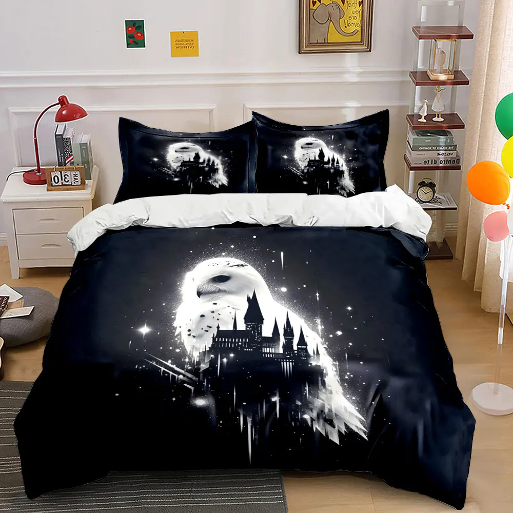 White owl and magical castle Print Bedding Set 1 Duvet Cover 2 Pillowcases for Adult and Children Luxury Gift Full Size