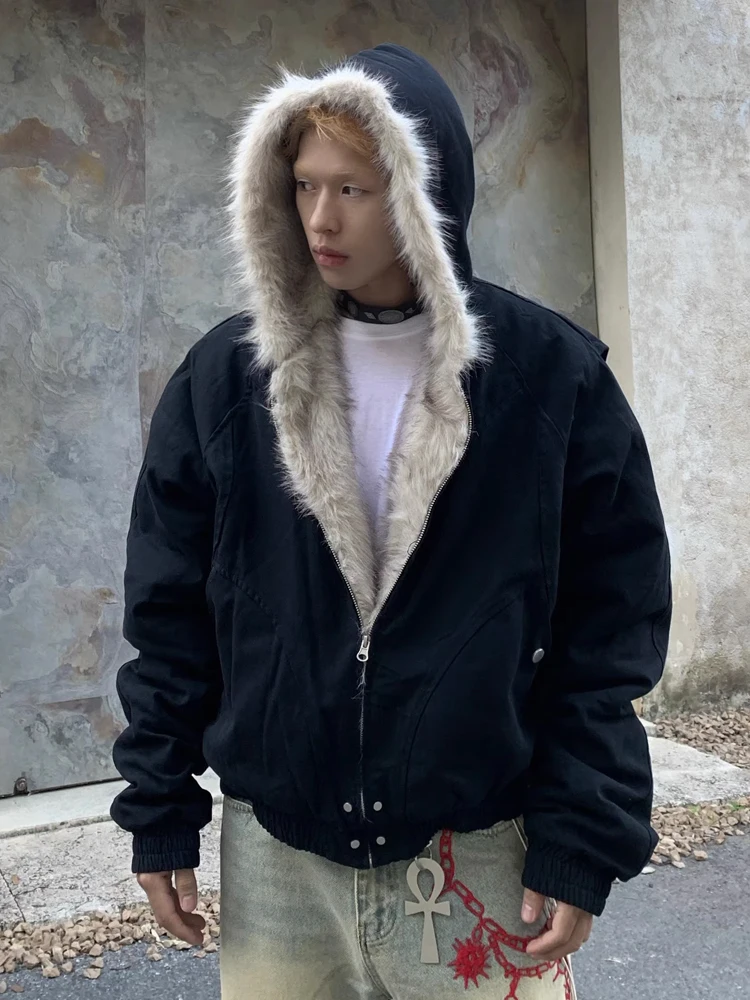 

UEKK Fce Lined Thiened Men's Winter Jaet Canvas Hooded Cotton Coat Youth Faion Warm Long Sve ort Sle Coat