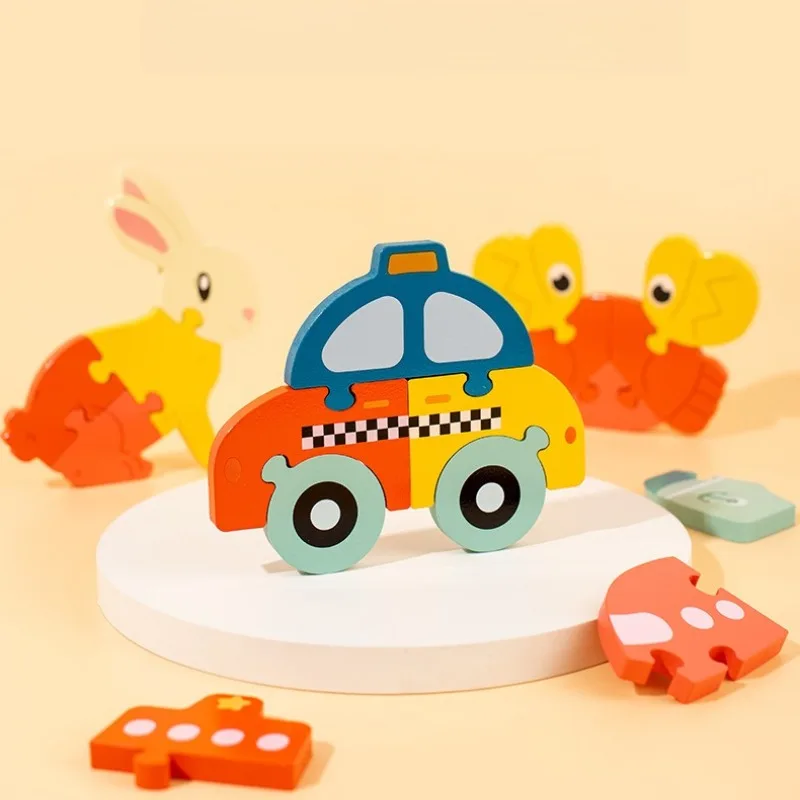 ตัวต่อไม้มอนเตสซอรี่ 3 มิติ รูปการ์ตูนสัตว์และยานพาหนะ สำหรับเด็กเล็ก เสริมสร้างพัฒนาการด้านการเรียนรู้และการจดจำ ของเล่นเสริมทักษะสำหรับเด็ก