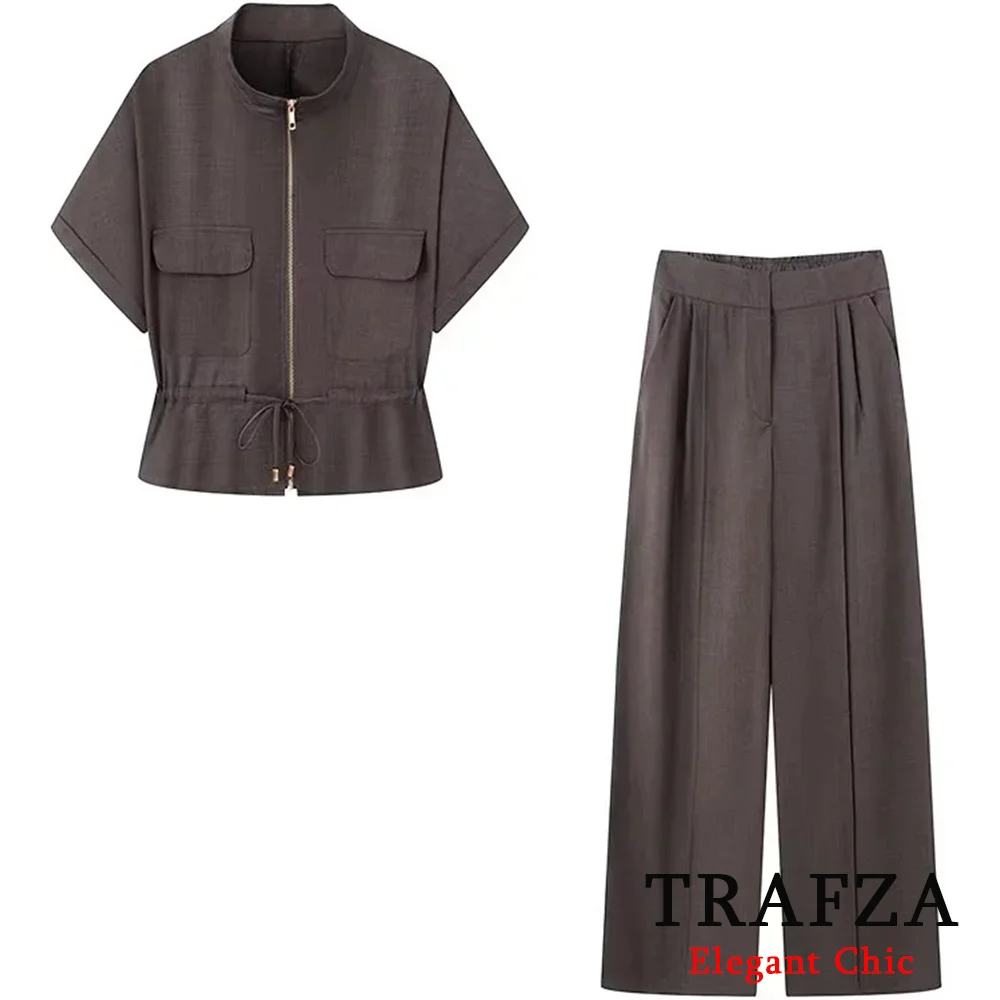 

TRAFZA Vintage Chic Women's Pant Set Short Sleeve Zipper Top Straight Long Pants New 2025 Spring Summer Casual Holiday Set