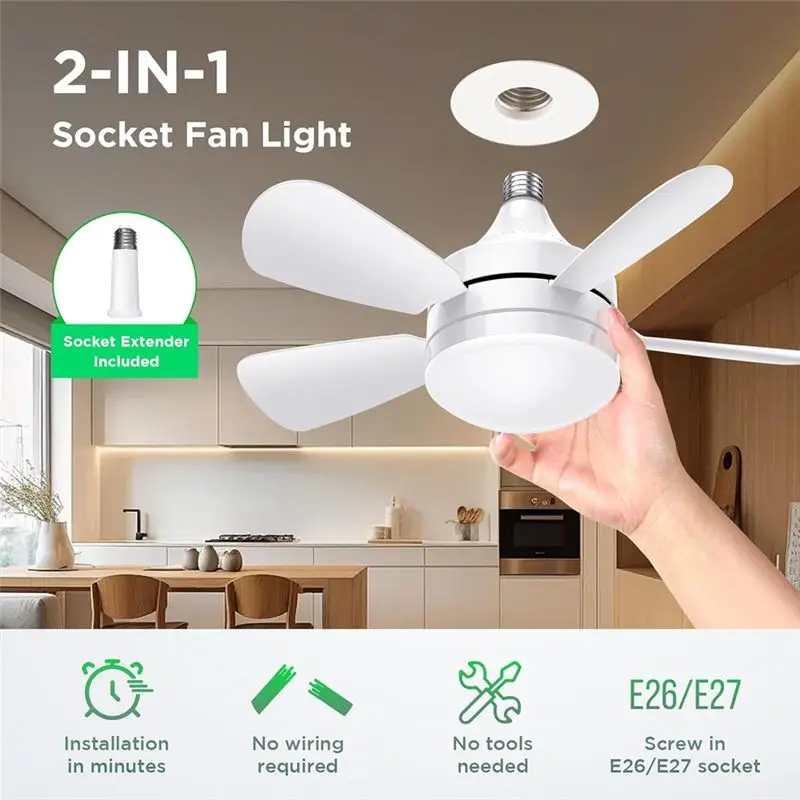 M02K-Socket Ceiling Fans With Lights And Remote - Socket Fan Light With Dimmable Led Light Bulb,Screw In Small Ceiling Fan