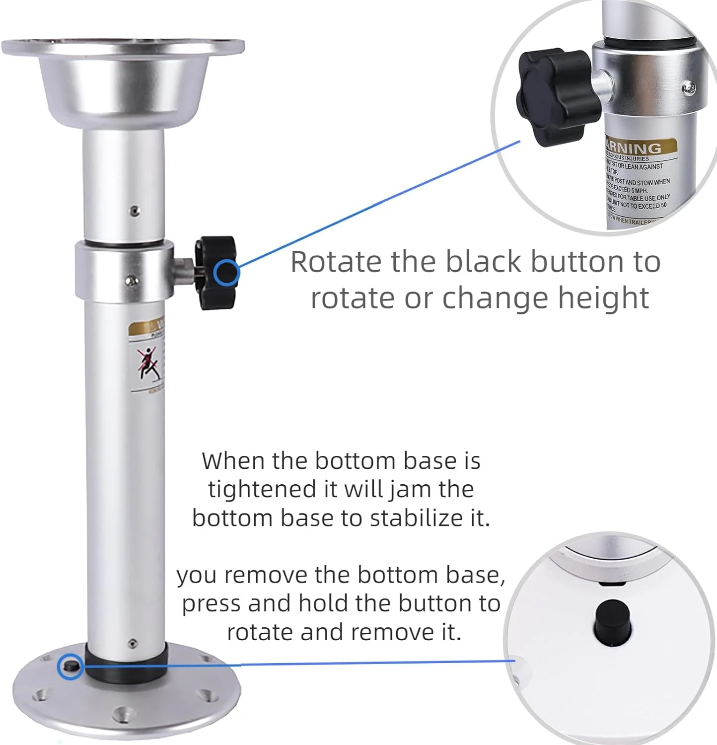 Boat Table Pedestal Adjustable, Aluminum Alloy Detachable RV Table Legs for RV Marine Boat Yacht Caravan Motorhome，19.7-28 Inch