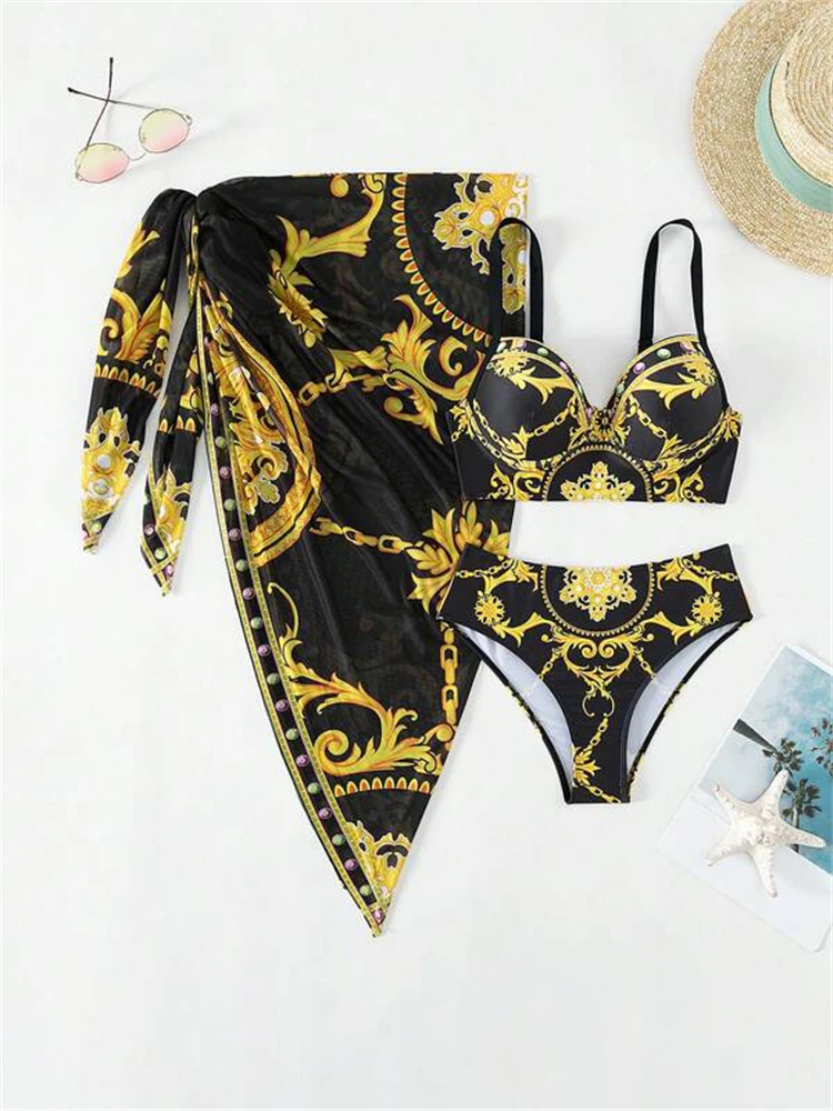 Bikini Women Swimsuit 2024 New Print Sling Bikinis Set Sexy High Waist Swimwear Summer Three Piece Beachwear Bathing Suit Female