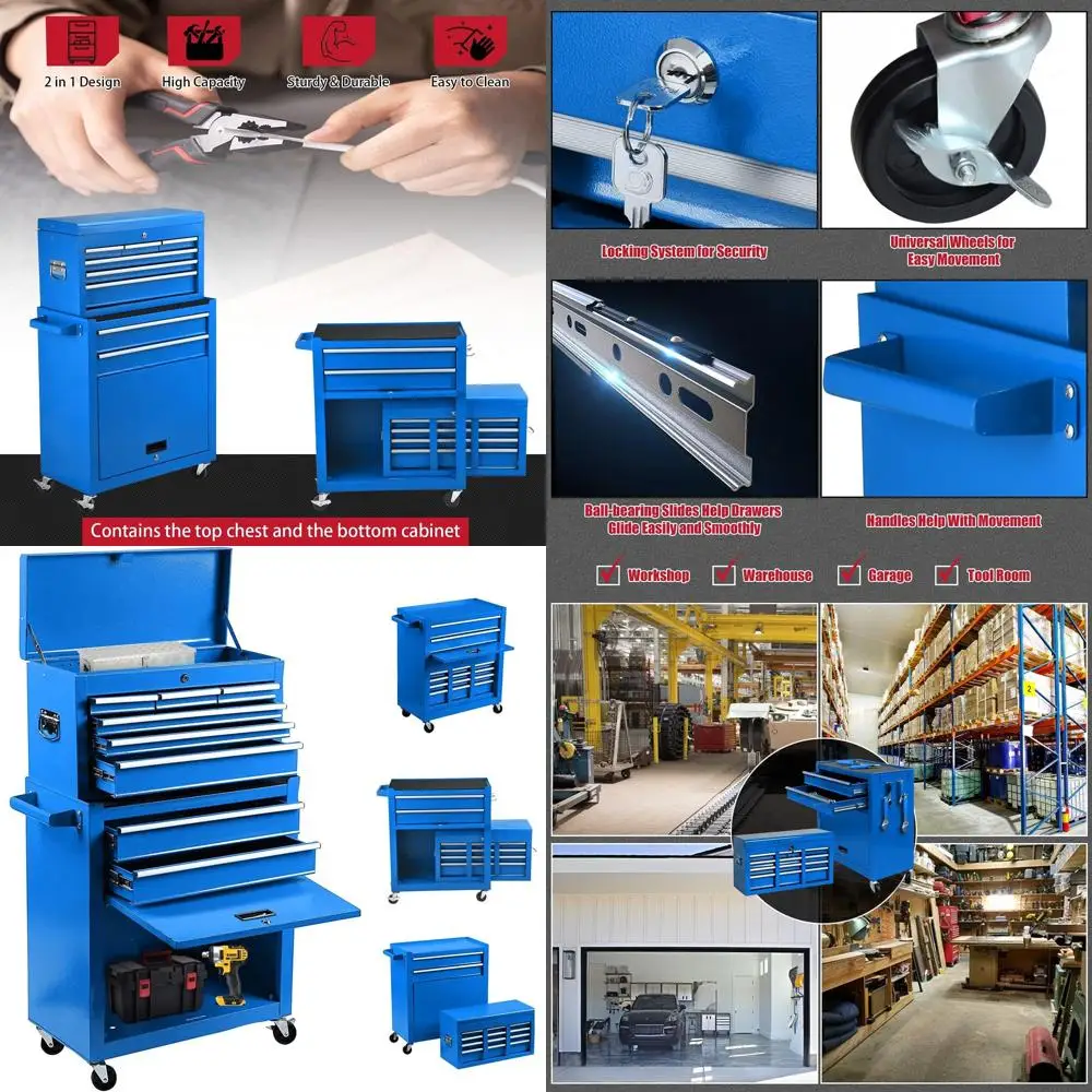 

Blue 8-Drawer Rolling Tool Chest with Detachable Organizer, Lockable Drawers, and 4 Wheels for Garage and Workshop Storage