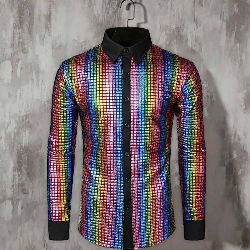 Shiny Men Shirt Vintage Sequin Men's Shirt for Club Dance Disco Stage Performance Shiny Smooth Stand Collar Single-breasted Long