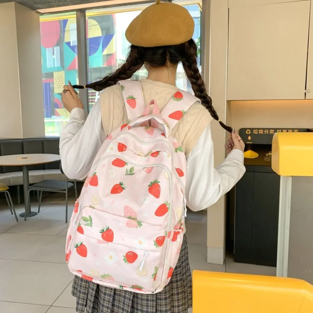 Large Capacity Strawberry Printed Backpack Adjustable Strap Korean Style Students Knapsack Multi Pocket Harajuku School Bag