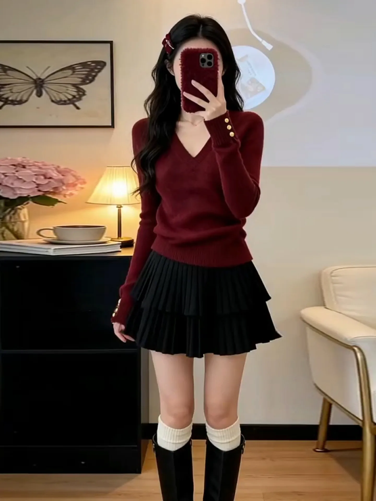 

Ele Red V-Ne Knitted Sweater Women's Autumn Winter New Sle Outerwear Inner Match Base irt Faion Luxury Light