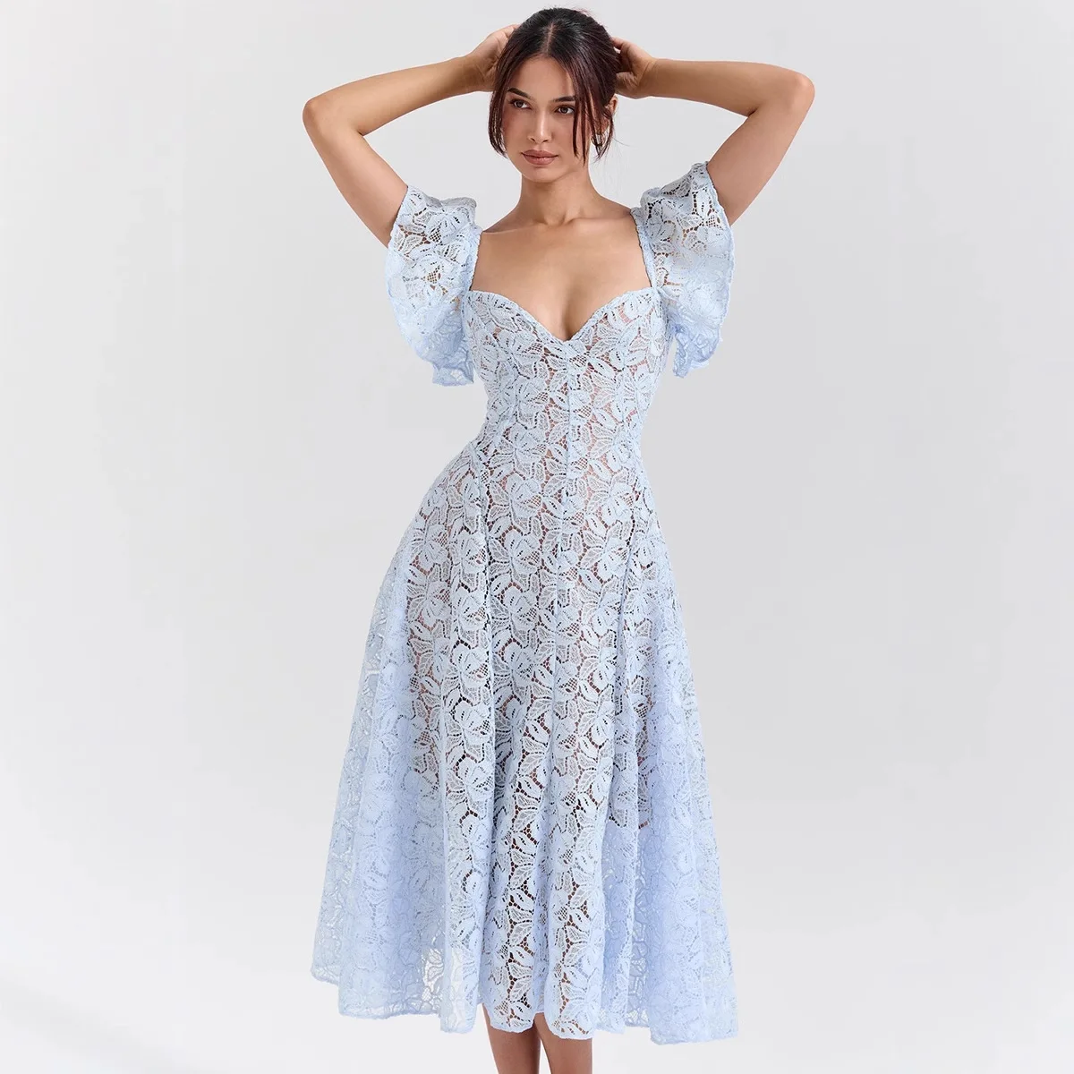 فساتين نسائية صيفية طويلة دانتيل عتيق عالي الخصر مثير بأكمام قصيرة فستان نسائي عالي الجودة فساتين حفلات Elbise Kadın #2