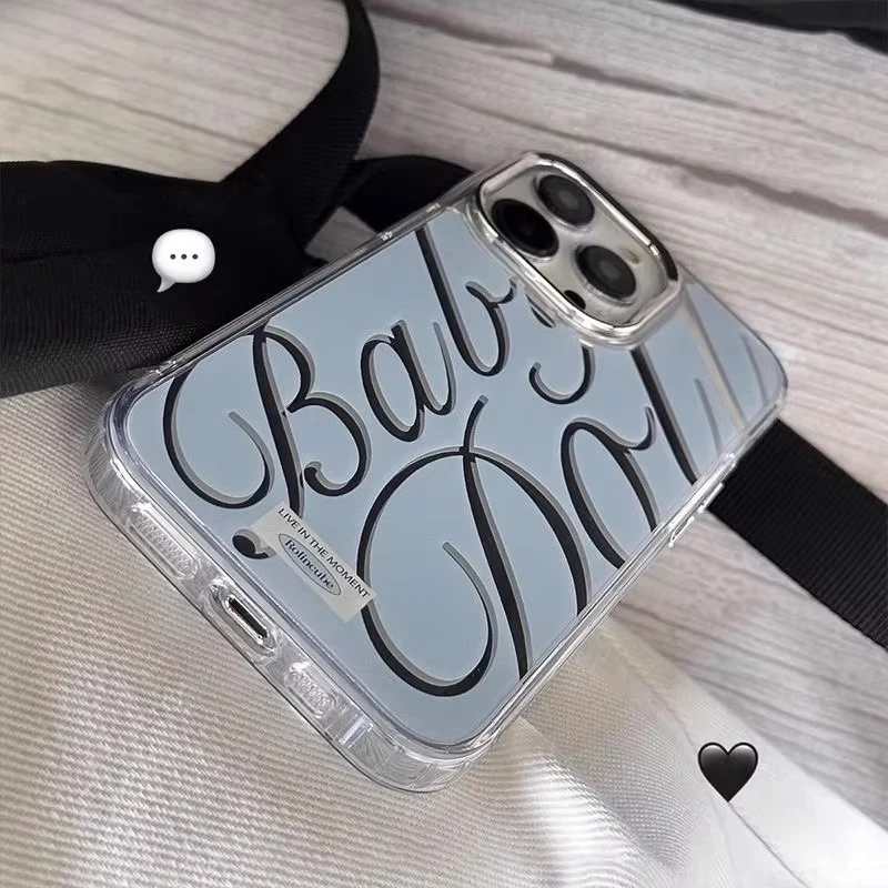 Blue Silver Plated Mirror English Transparent Frame Case For iPhone 17 iPhone 13 15 11 16 12 13 14 Pro Max Drop Protection Cover