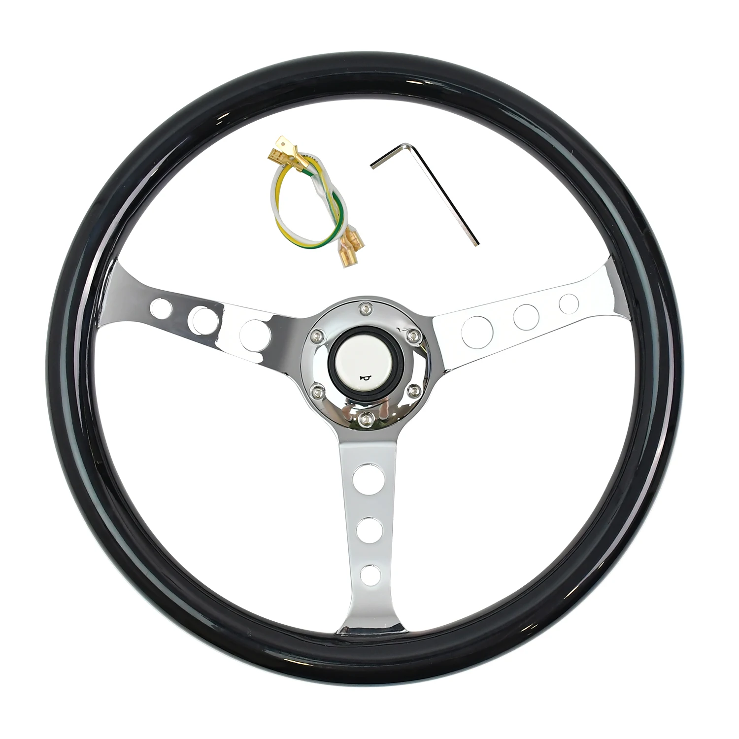

Black Solid Wood Steering Wheel 380mm 15 Inch with Electroplated Bracket for Car Interior Decorative Spoke Style