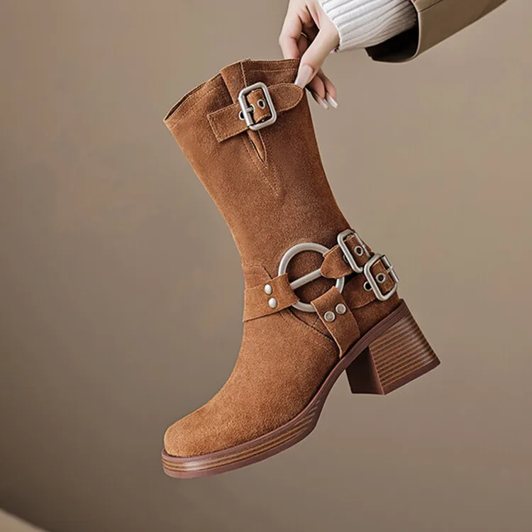 

Autumn Fashion Women Short Western Boots Platform Buckle Cowboy Botas 6cm Square High Heels Khaki Tenis Riding Botines Femininos